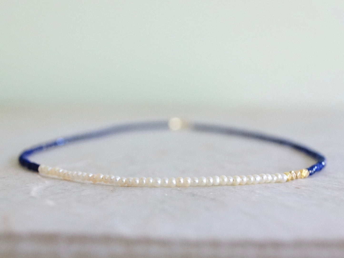 14K Solid Gold: Lapis Lazuli and Pearl Beaded Necklace, Simple Layered Necklace, Dainty Very Thin Gemstone Necklace, 2mm, Fine Jewelry