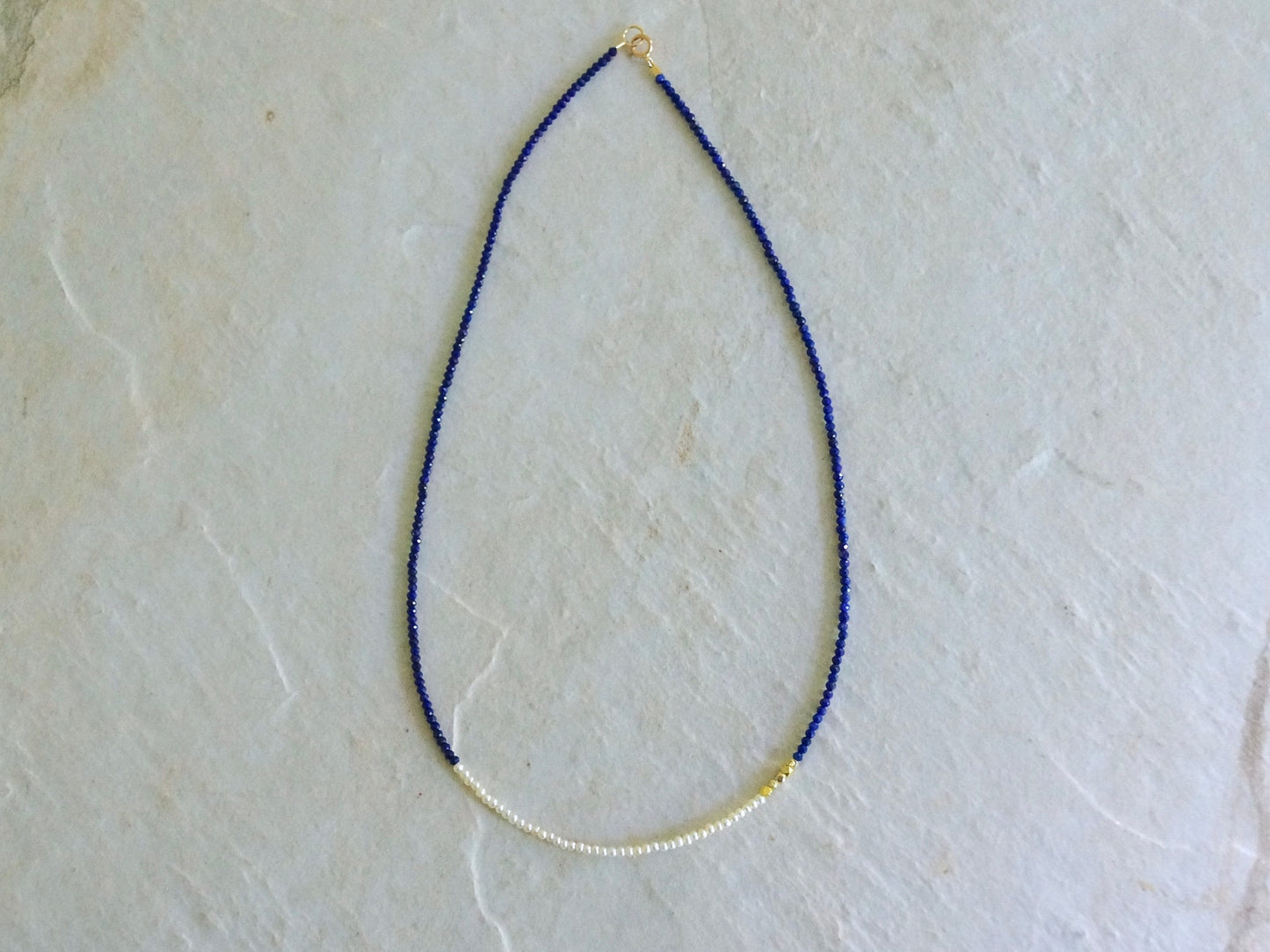 14K Solid Gold: Lapis Lazuli and Pearl Beaded Necklace, Simple Layered Necklace, Dainty Very Thin Gemstone Necklace, 2mm, Fine Jewelry