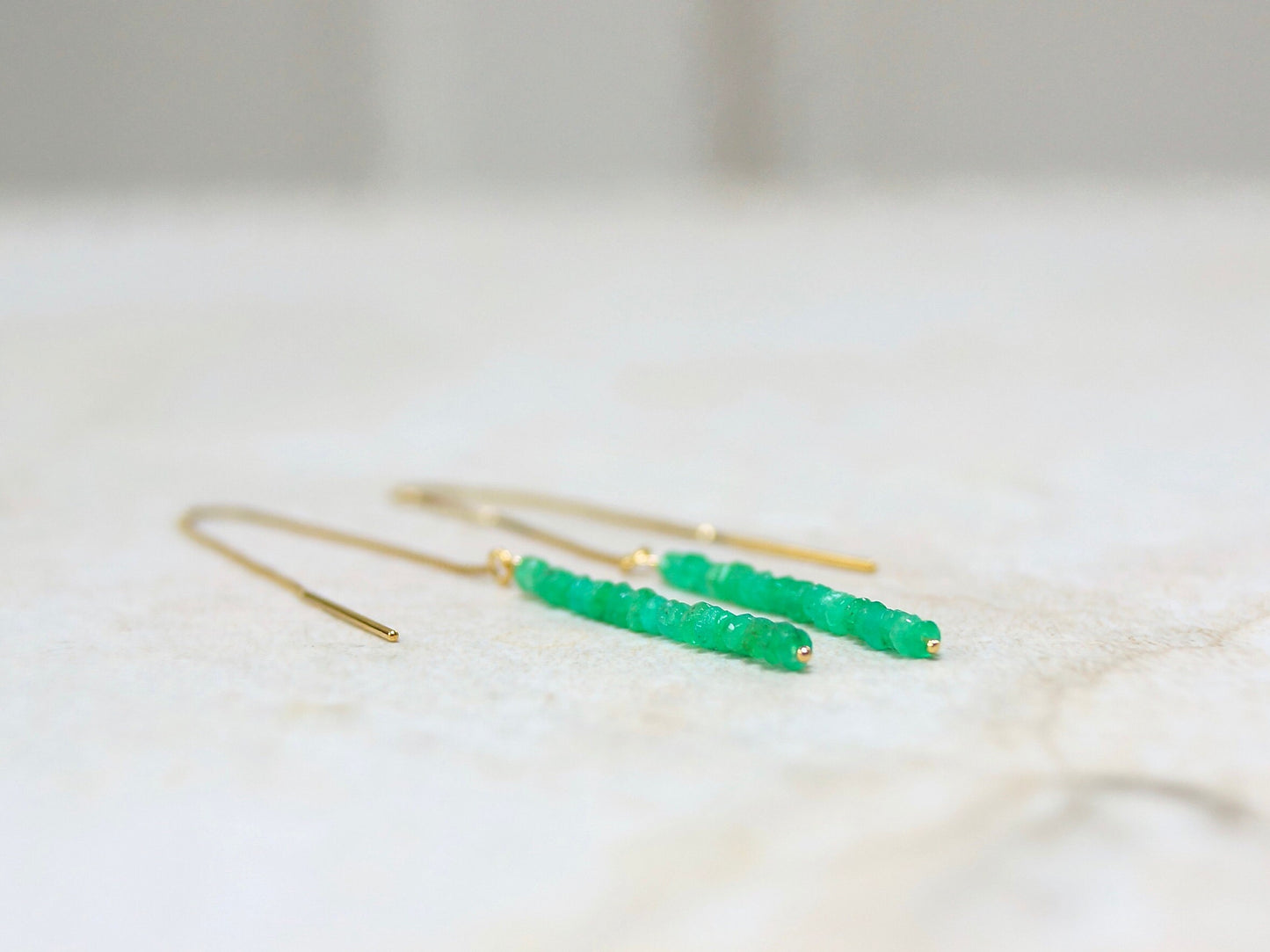 14K Solid Gold: Colombian Emerald Earrings, Threader earrings, Natural Emerald Jewelry, Beaded Bar, Dainty, Minimalist , May Birthstone