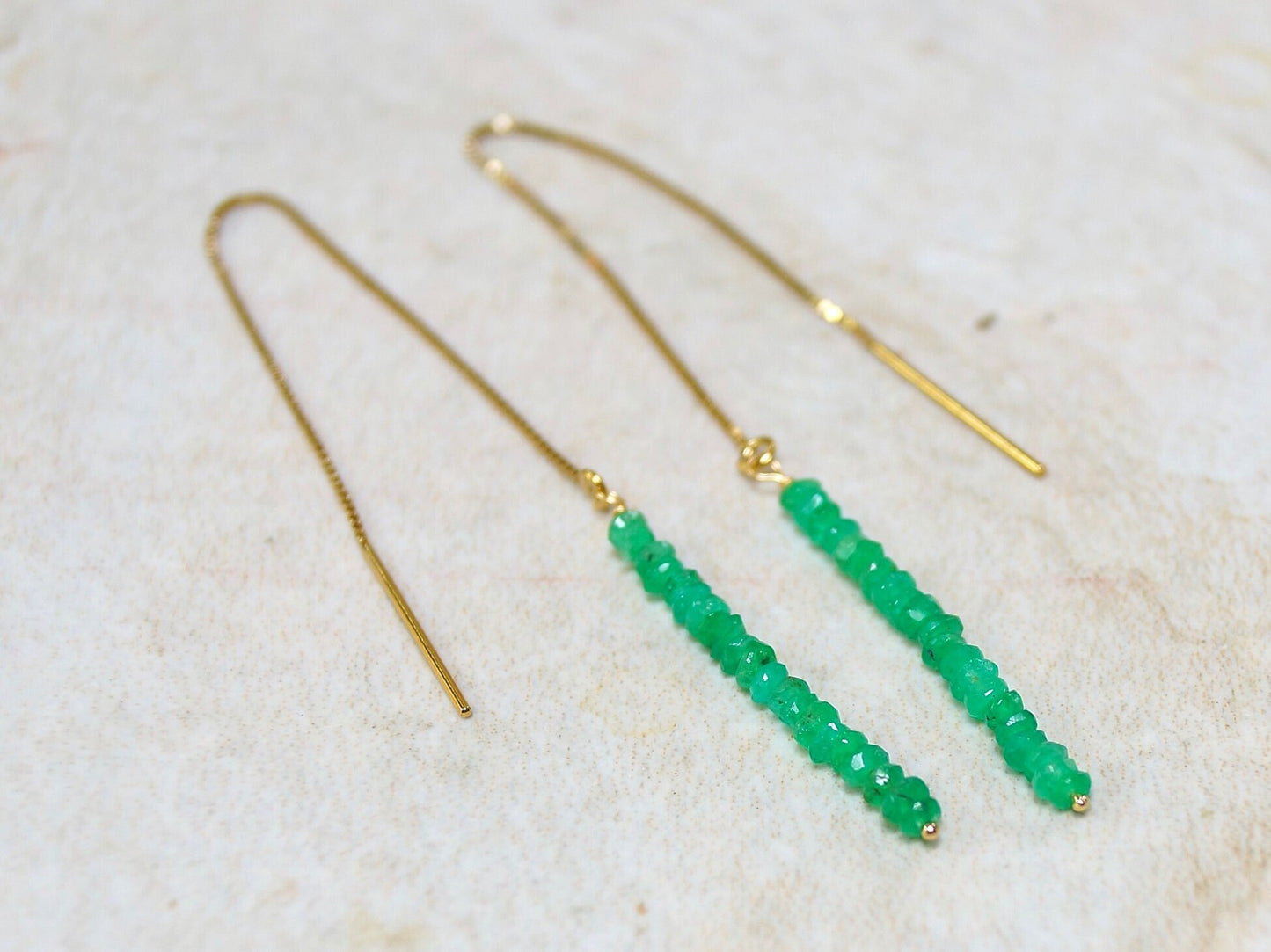 14K Solid Gold: Colombian Emerald Earrings, Threader earrings, Natural Emerald Jewelry, Beaded Bar, Dainty, Minimalist , May Birthstone