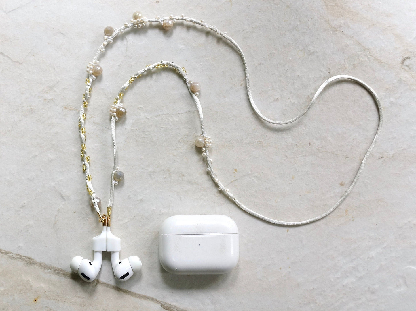 AirPods Beaded Necklace Straps, Eye Glasses Straps, Fiber Lariat Necklace, Ivory Pearls, Wireless Earbuds, Trendy Jewelry Straps