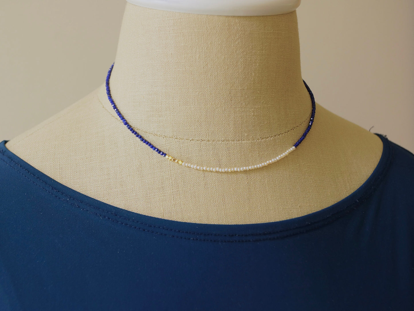 14K Solid Gold: Lapis Lazuli and Pearl Beaded Necklace, Simple Layered Necklace, Dainty Very Thin Gemstone Necklace, 2mm, Fine Jewelry