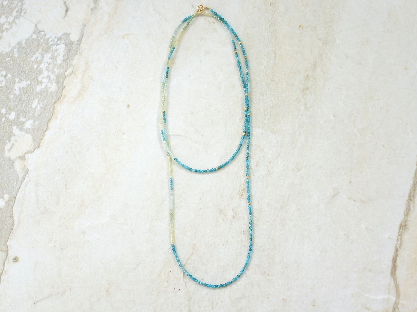 14K Solid Gold: Apatite Beaded Necklace |2mm | Blue Apatite | Ombre | Shaded |fDainty Fine Jewelry| Layered | Long Necklace