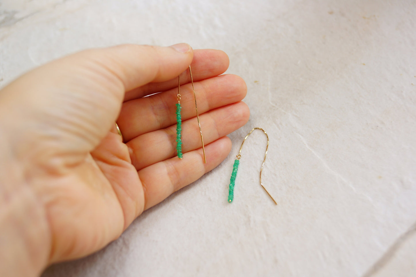 14K Solid Gold: Colombian Emerald Earrings, Threader earrings, Natural Emerald Jewelry, Beaded Bar, Dainty, Minimalist , May Birthstone