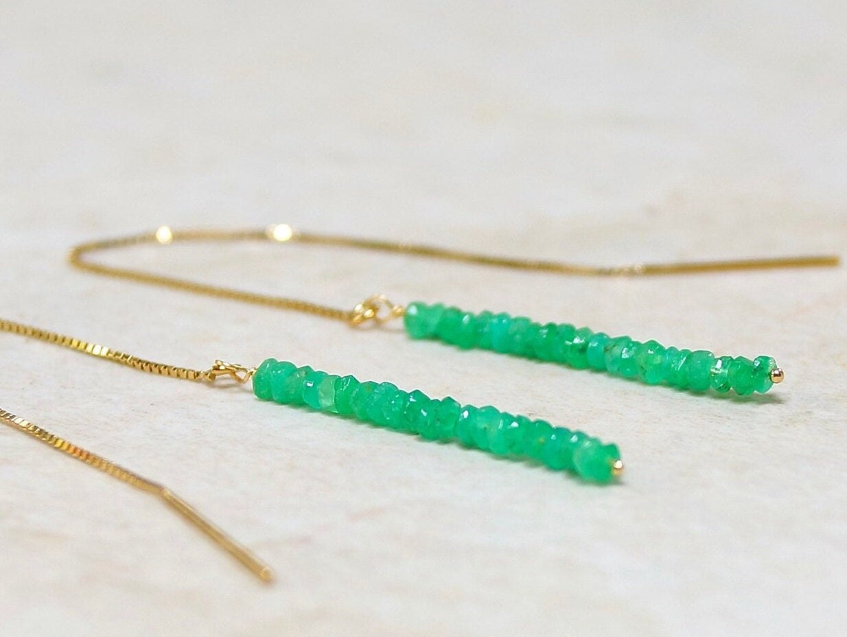 14K Solid Gold: Colombian Emerald Earrings, Threader earrings, Natural Emerald Jewelry, Beaded Bar, Dainty, Minimalist , May Birthstone