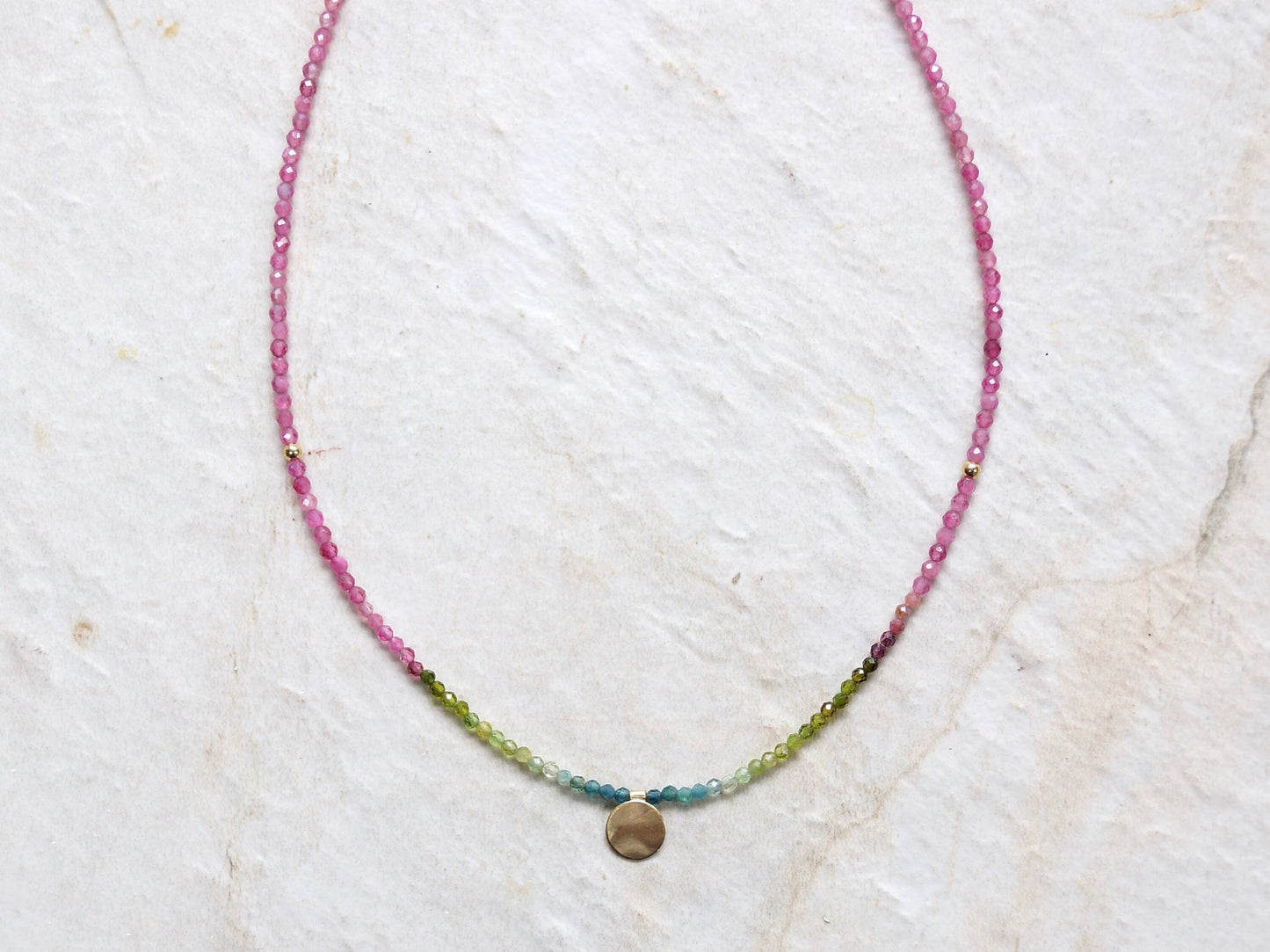 14K: Gold Disk & Tourmaline Necklace| Boho| Bohemian| Solid Gold| Fine Jewelry| Multi Color| Rainbow Tourmaline| Pink Blue Green| Choker