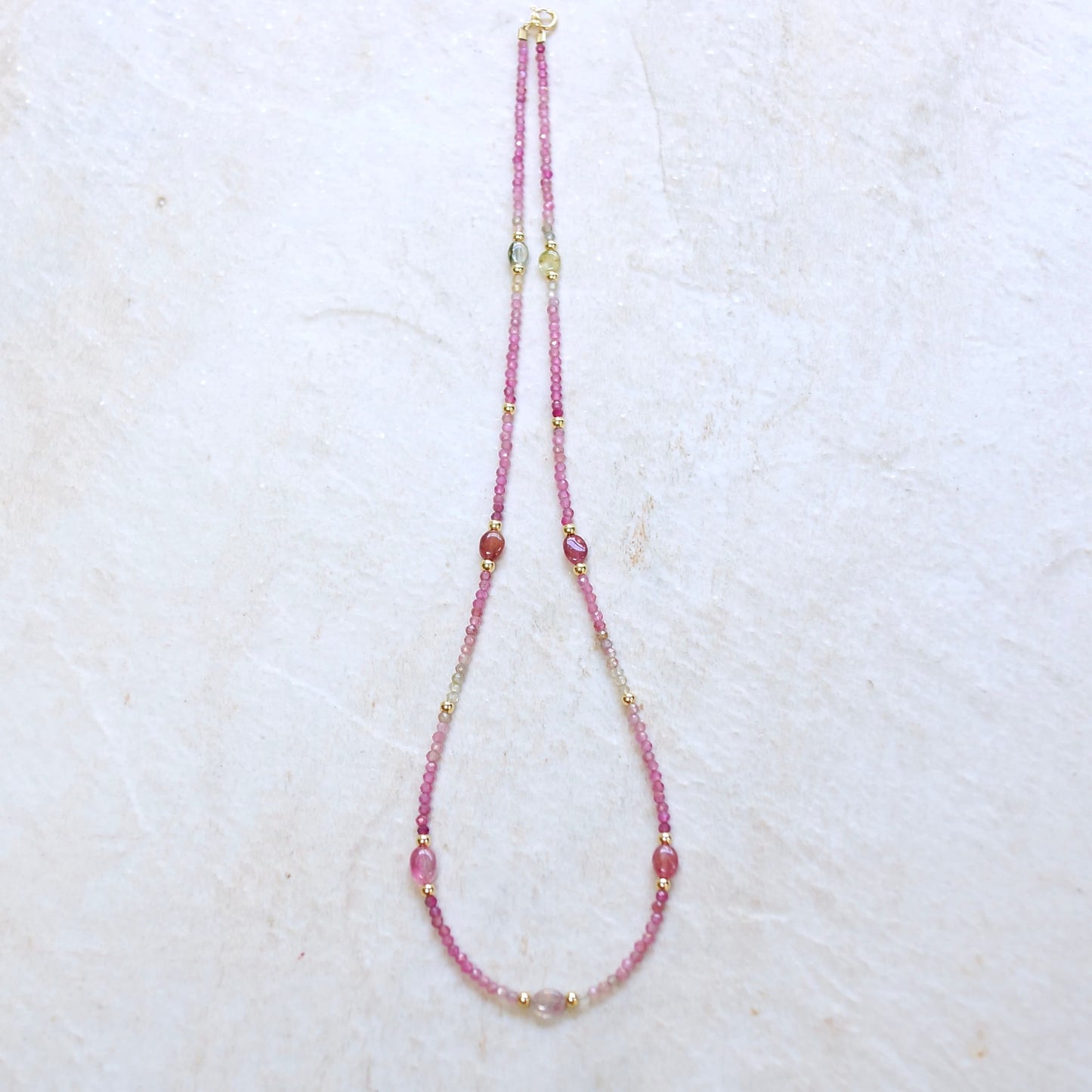 14K: Pink Tourmaline Bead Necklace| Ombre Tourmaline| Boho| Bohemian| Skinny Necklace| Dainty Jewelry| Solid Gold