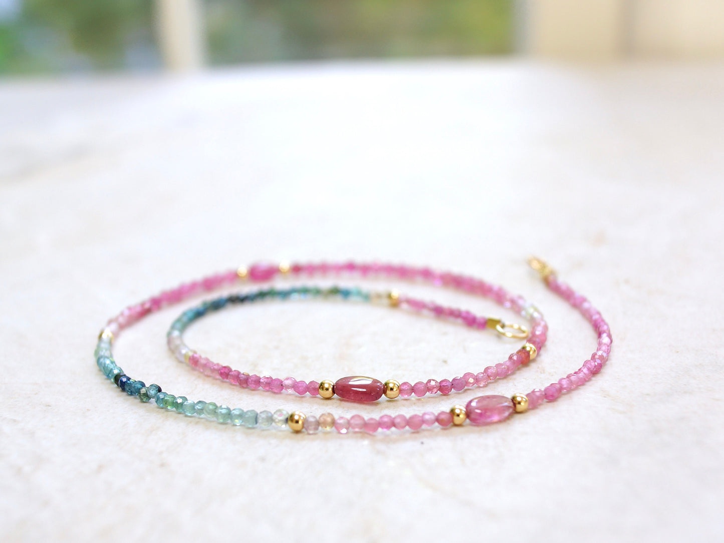 14K:Watermelon Tourmaline Bead Necklace| 2.5mm| Pink Blue Green| Solid Gold| For Her| Spiritual Jewelry