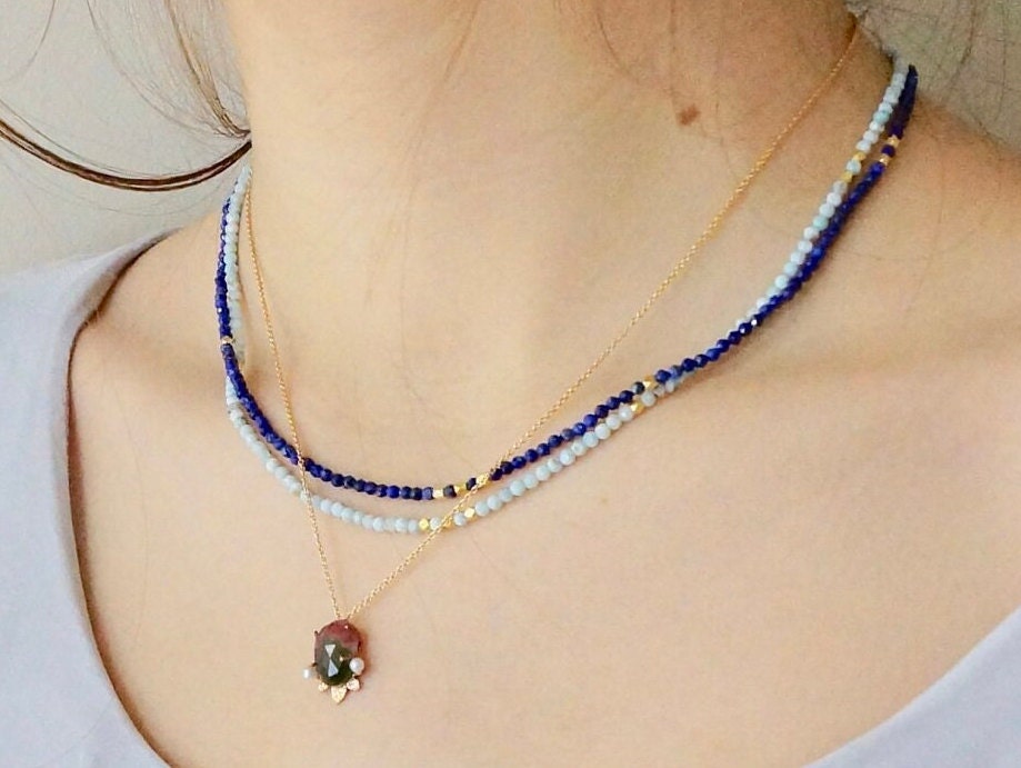 14K Solid Gold: Lapis Lazuli Beaded Necklace, Simple Layer Lapis Choker, Dainty Navy Blue Gemstone Necklace, Fine Jewelry, Minimalist