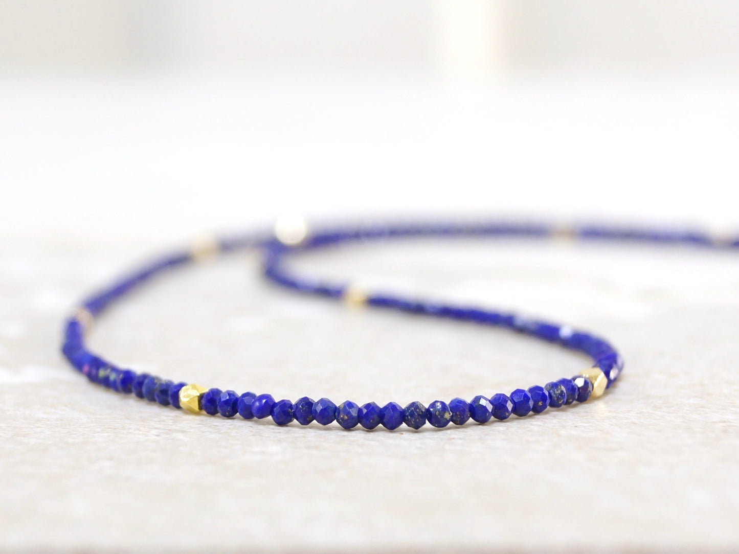 14K Solid Gold: Lapis Lazuli Beaded Necklace, Simple Layer Lapis Choker, Dainty Navy Blue Gemstone Necklace, Fine Jewelry, Minimalist