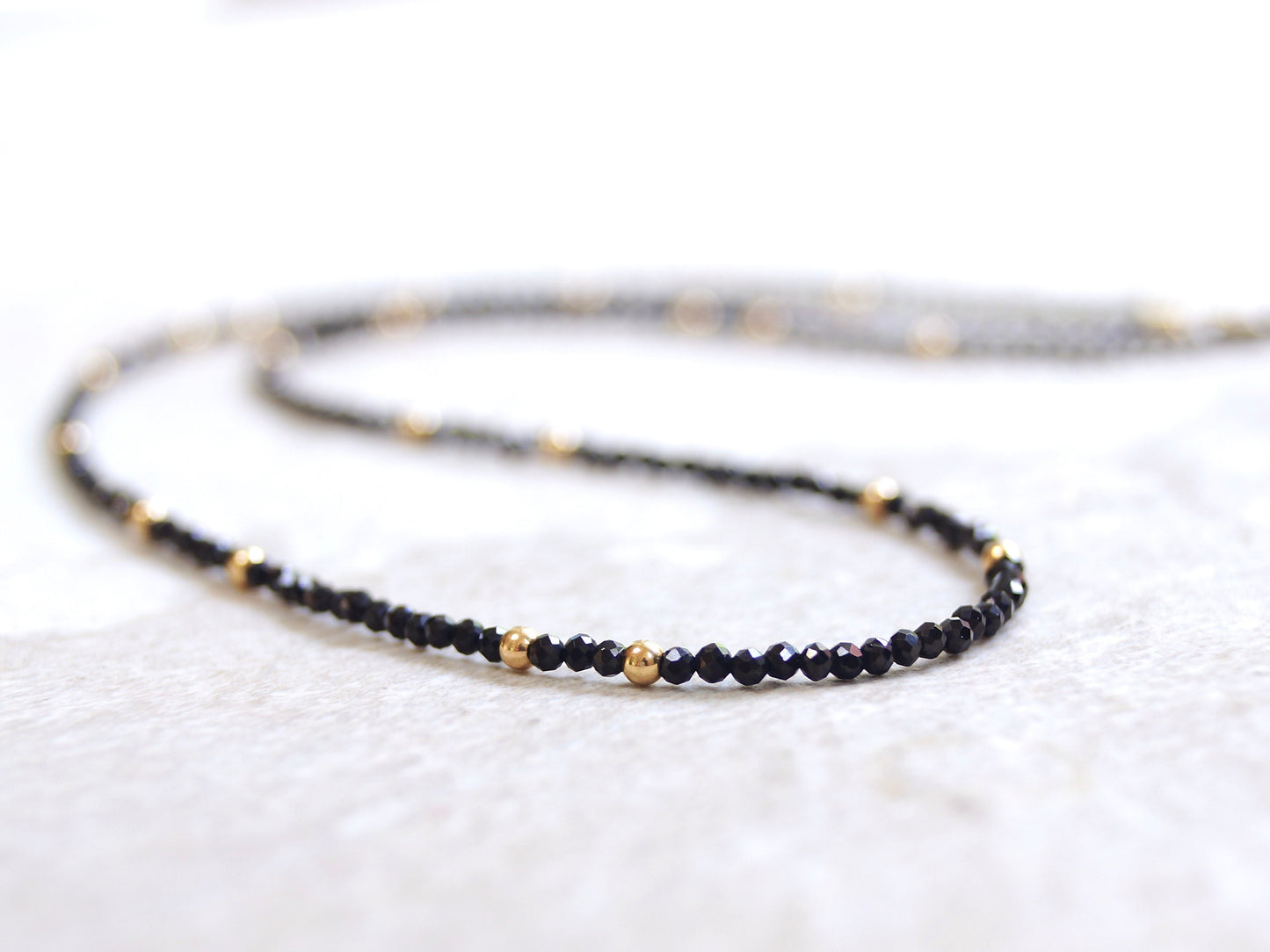 14K Solid Gold: 16" Black Spinel Beaded Necklace, Choker, Black Diamond Spinel, Modern White Gold, Fine Jewelry