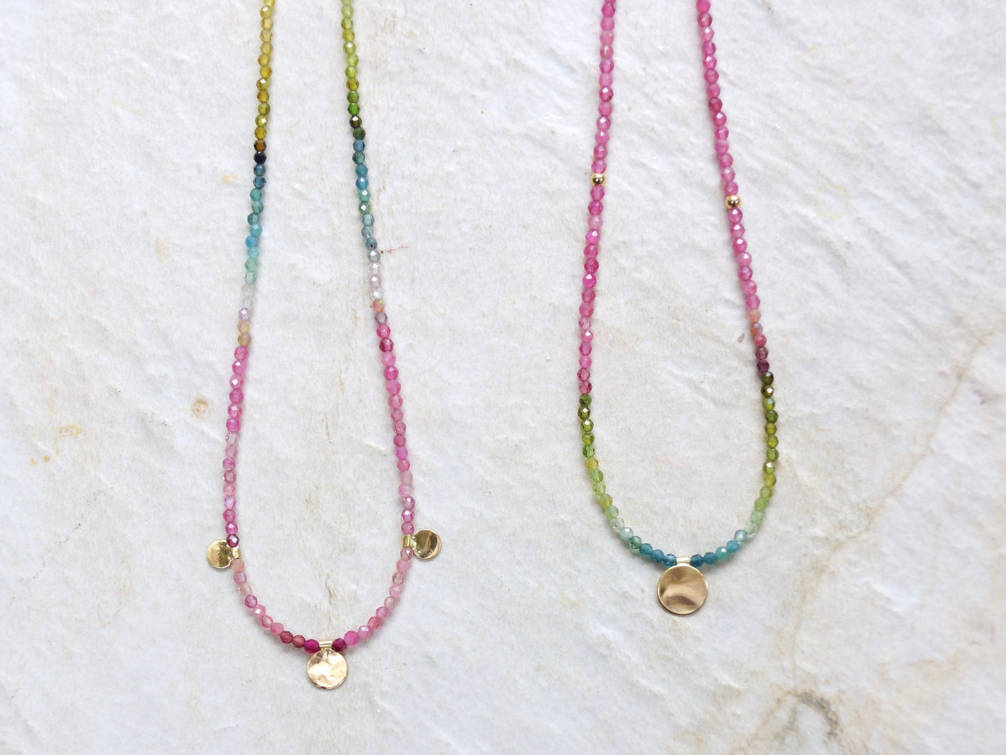 14K: Gold Disk & Tourmaline Necklace| Boho| Bohemian| Solid Gold| Fine Jewelry| Multi Color| Rainbow Tourmaline| Pink Blue Green| Choker