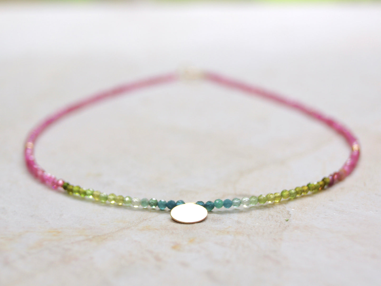 14K: Gold Disk & Tourmaline Necklace| Boho| Bohemian| Solid Gold| Fine Jewelry| Multi Color| Rainbow Tourmaline| Pink Blue Green| Choker