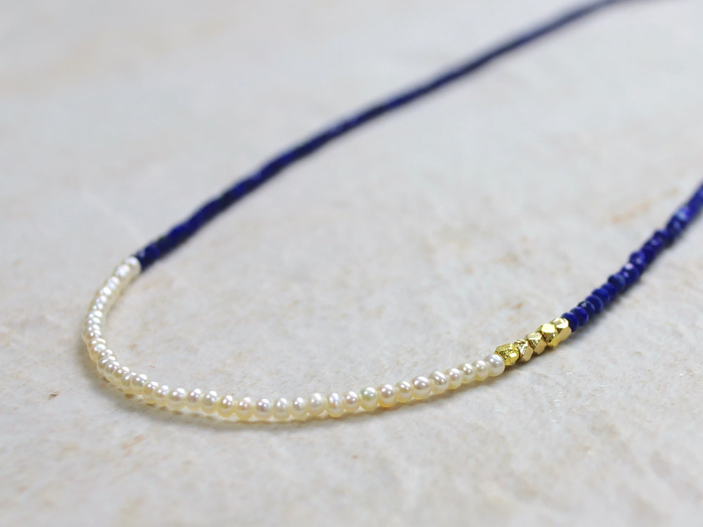 14K Solid Gold: Lapis Lazuli and Pearl Beaded Necklace, Simple Layered Necklace, Dainty Very Thin Gemstone Necklace, 2mm, Fine Jewelry