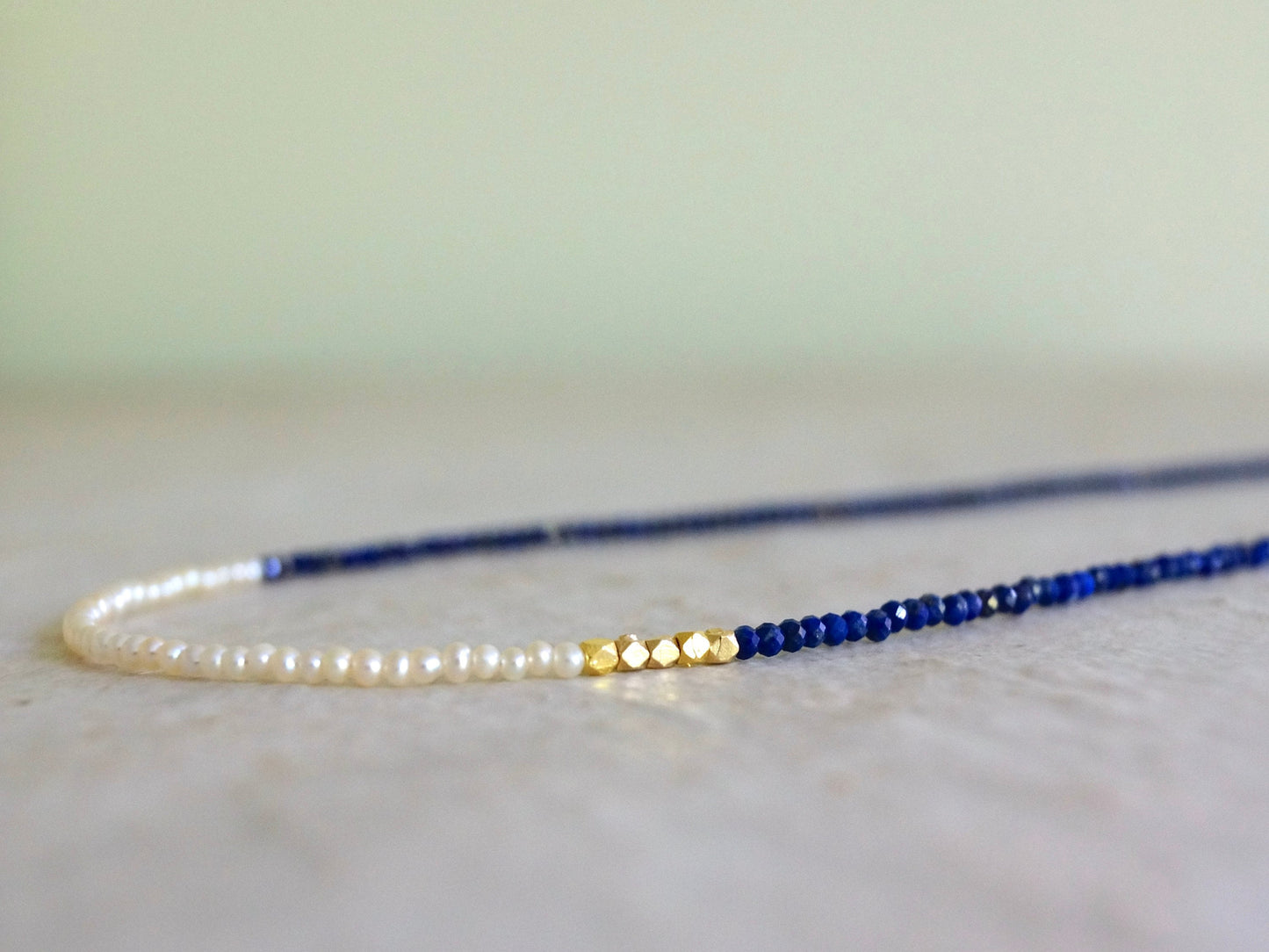 14K Solid Gold: Lapis Lazuli and Pearl Beaded Necklace, Simple Layered Necklace, Dainty Very Thin Gemstone Necklace, 2mm, Fine Jewelry