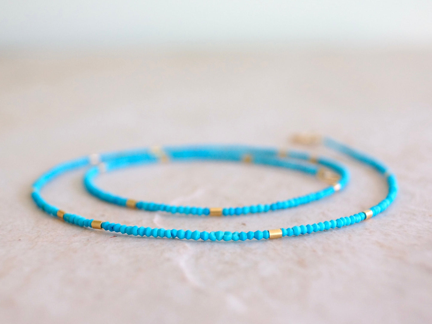 14K Solid Gold: Tiny Turquoise Beaded Necklace, Layered Necklace, Extra Dainty Jewelry, 1.5mm, Fine Jewelry, Matt Turquoise, Gold Tubes