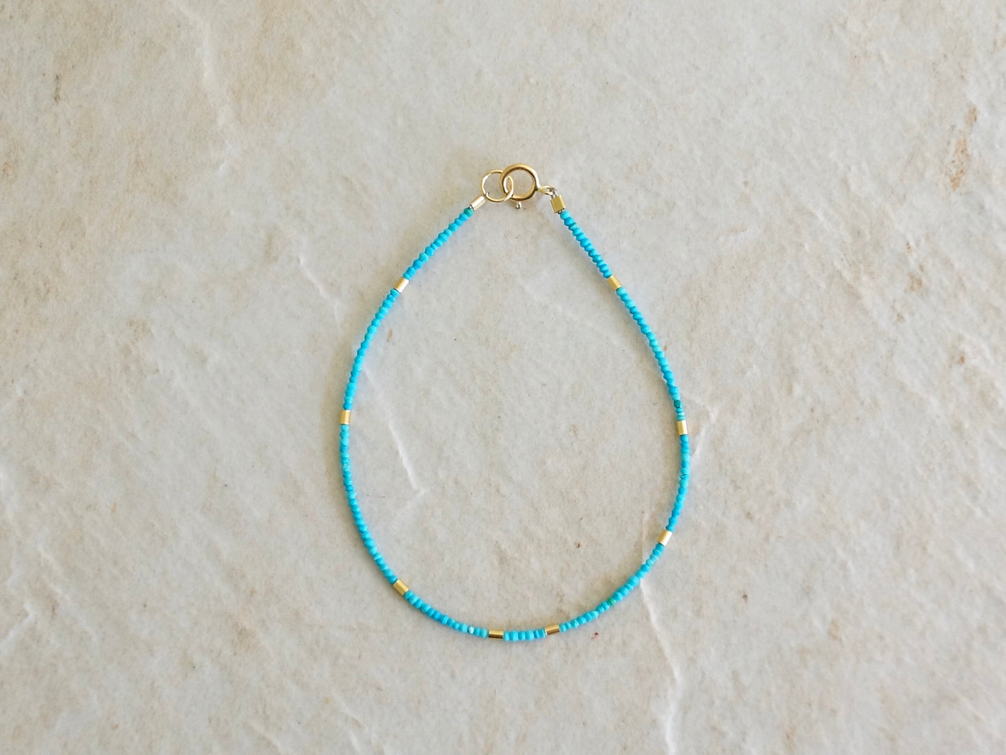 14K Solid Gold: Turquoise Tiny Seed Beaded Bracelet, Gold Tube Beads, Dainty Layering Bracelet, Blue Gemstone, Fine Jewelry, Boho