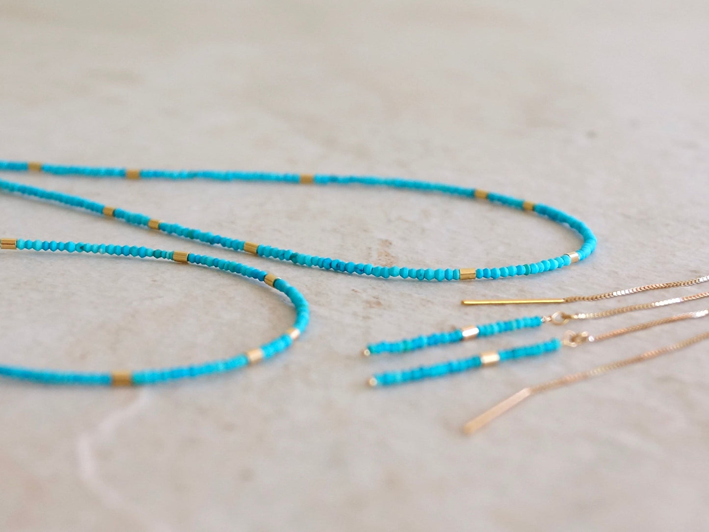 14K Solid Gold: Turquoise  Earrings, Threader earrings, Seed Beads, Fine Jewelry, Beaded Bar, Dainty, Minimalist , Gold Tube