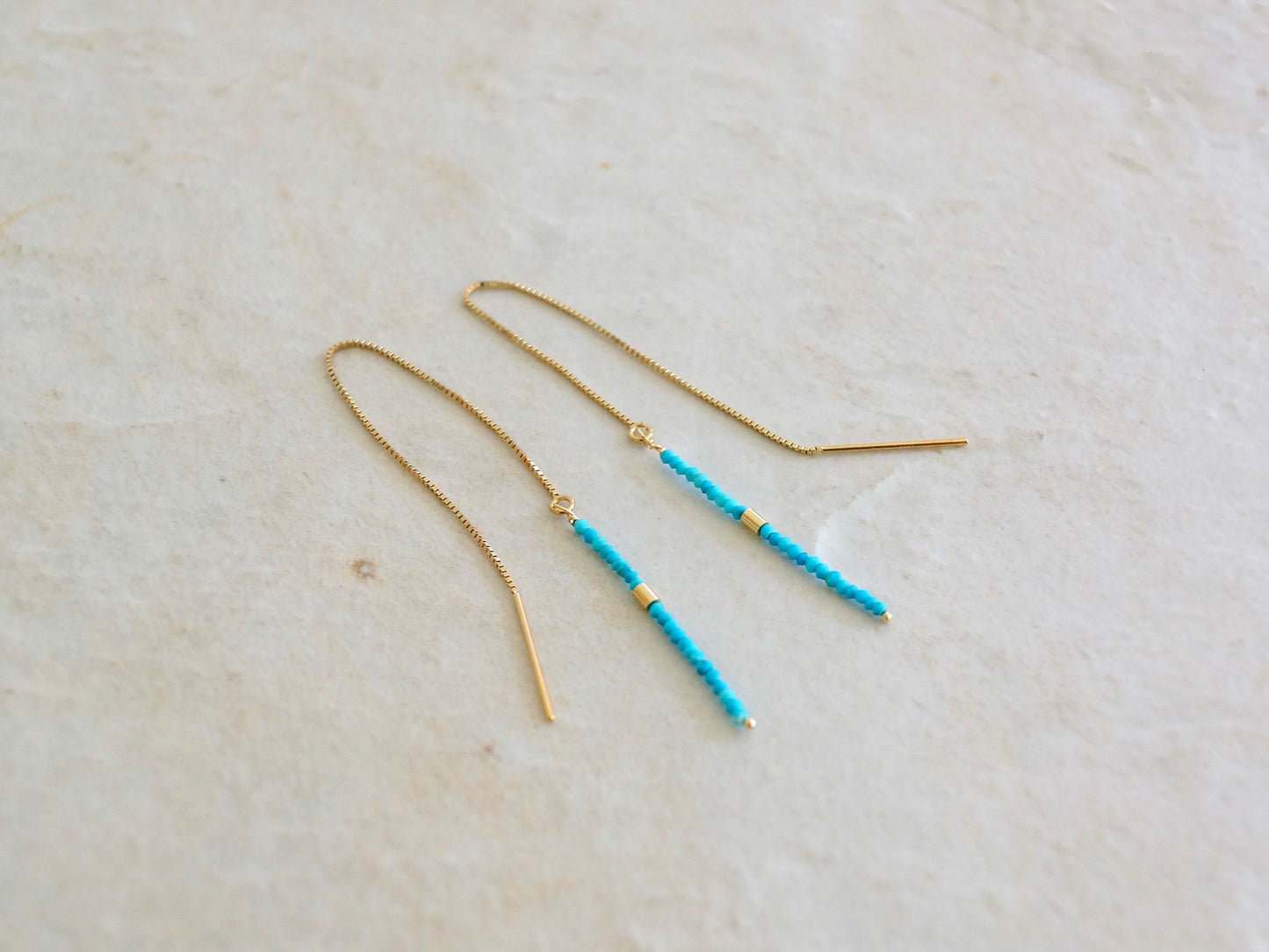 14K Solid Gold: Turquoise  Earrings, Threader earrings, Seed Beads, Fine Jewelry, Beaded Bar, Dainty, Minimalist , Gold Tube