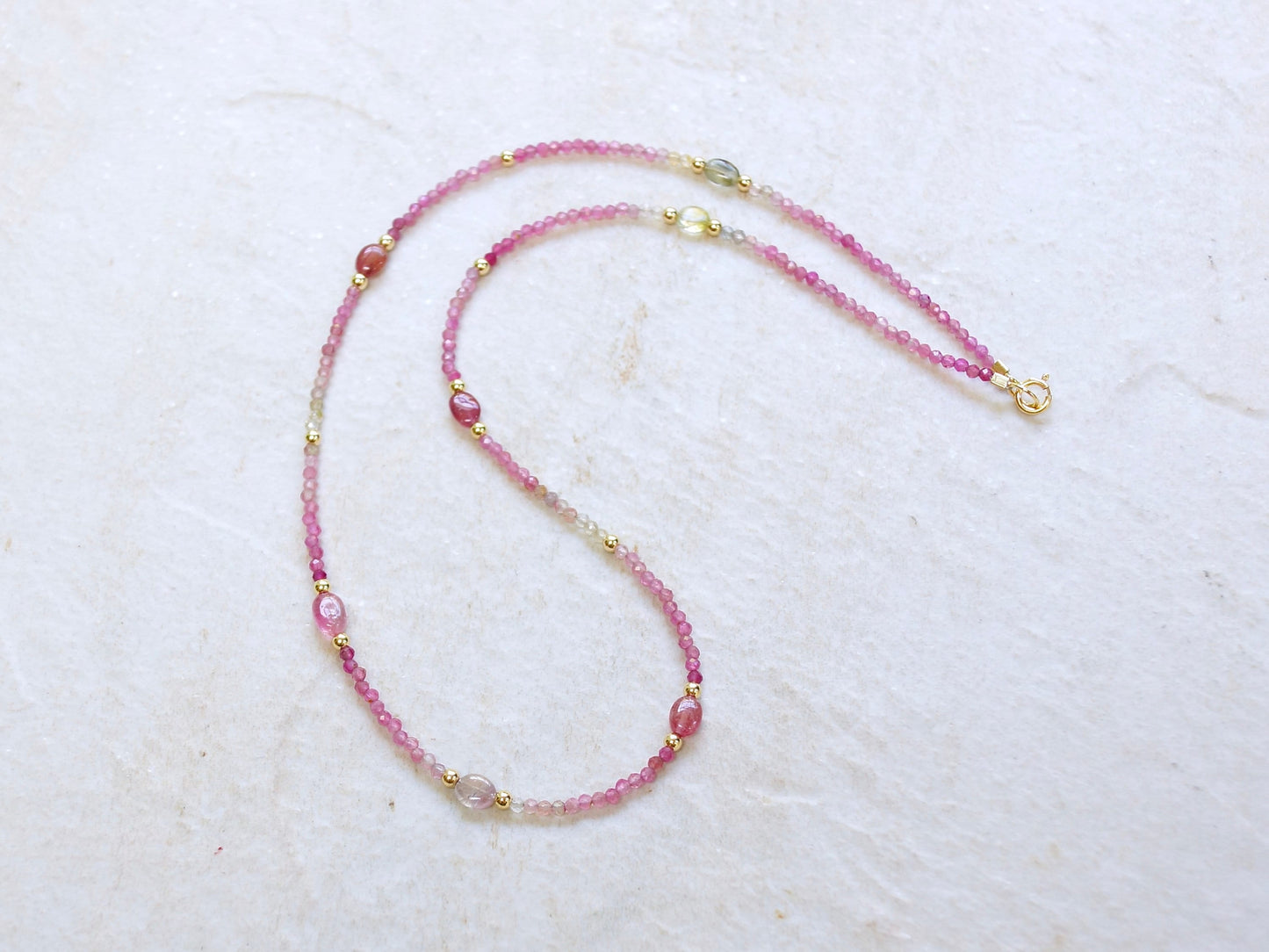 14K: Pink Tourmaline Bead Necklace| Ombre Tourmaline| Boho| Bohemian| Skinny Necklace| Dainty Jewelry| Solid Gold