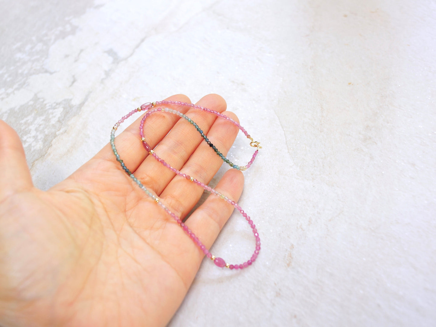 14K:Watermelon Tourmaline Bead Necklace| 2.5mm| Pink Blue Green| Solid Gold| For Her| Spiritual Jewelry