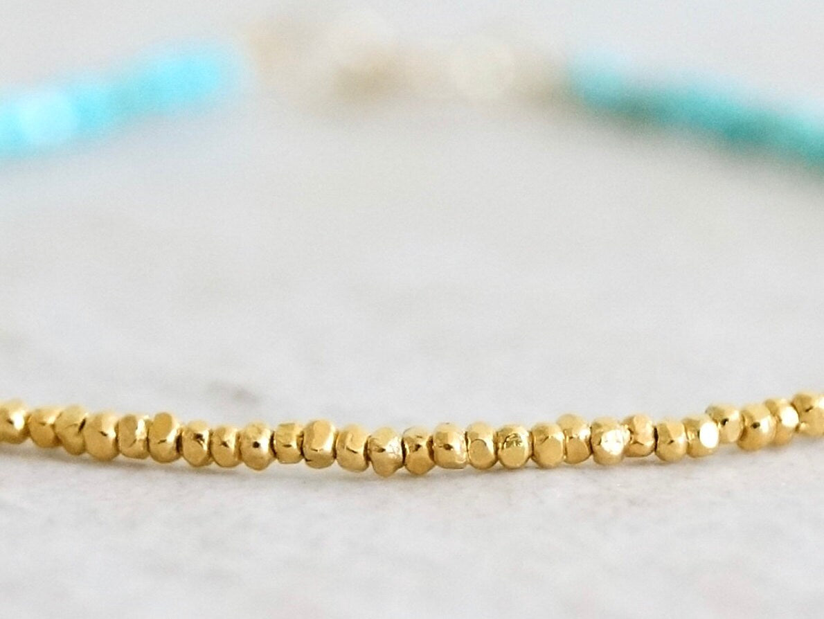 14K Solid Gold & Vermeil : Turquoise Beaded Bracelet | 2mm | Sleeping Beauty | Boho| Delicate Bracelet | Fine Jewelry | Hill Tribe