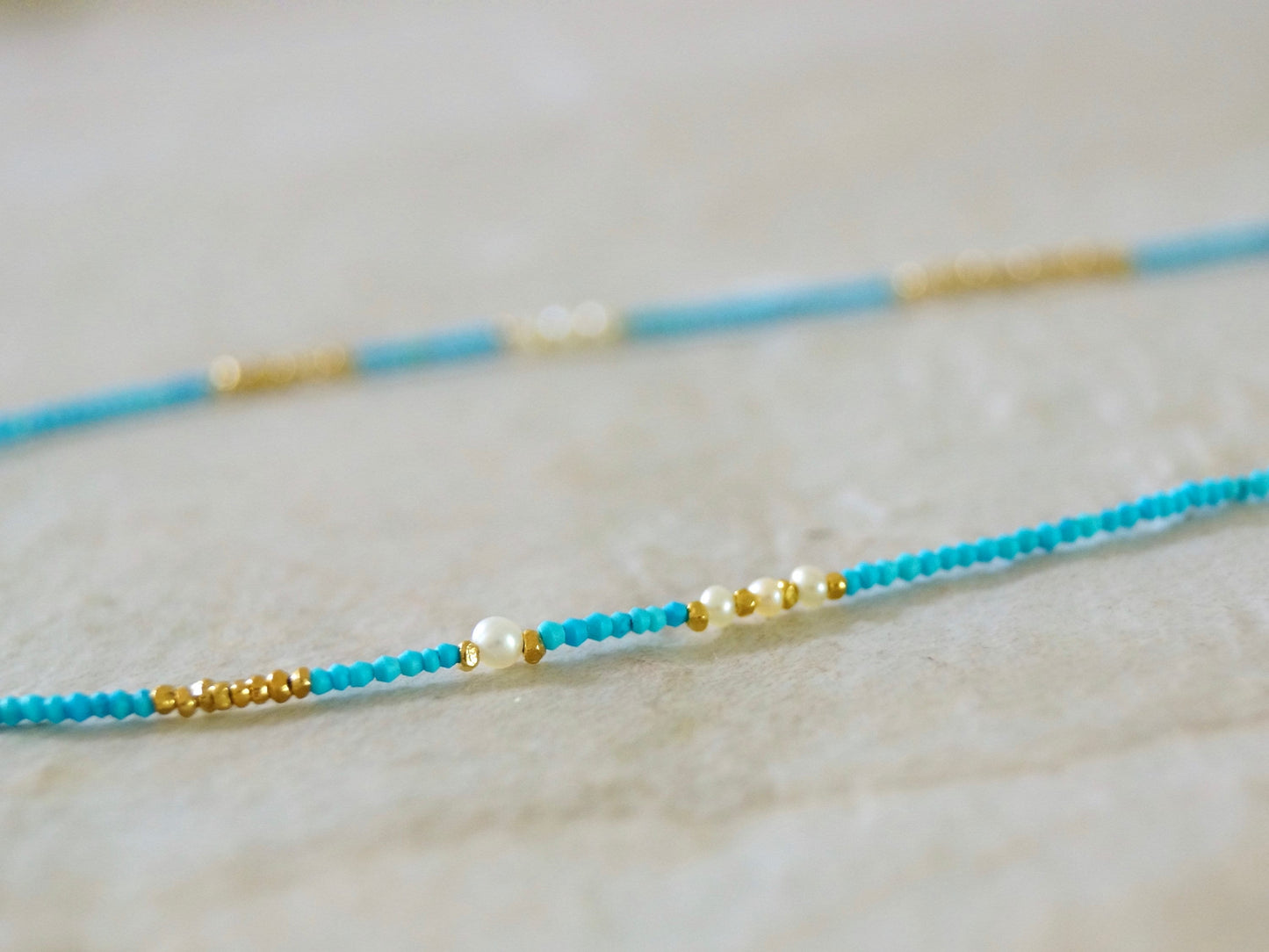 14K Solid Gold and Vermeil: Turquoise Beaded Necklace, Vermeil Gold Beads, 1.5mm Skinny Layering Necklace, Choker, Delicate Fine Jewelry