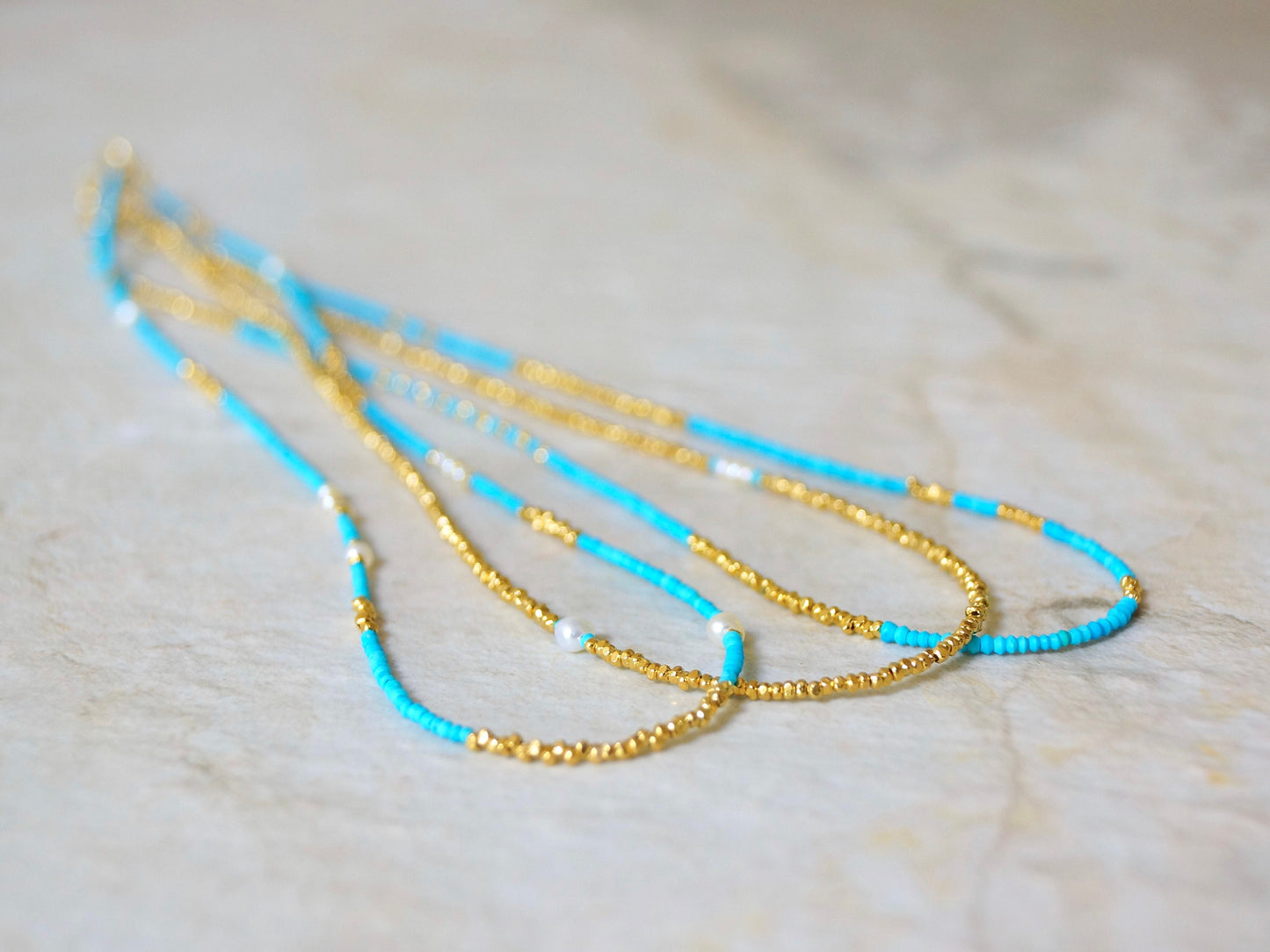 14K Solid Gold and Vermeil: Turquoise Beaded Necklace, Vermeil Gold Beads, 1.5mm Skinny Layering Necklace, Choker, Delicate Fine Jewelry