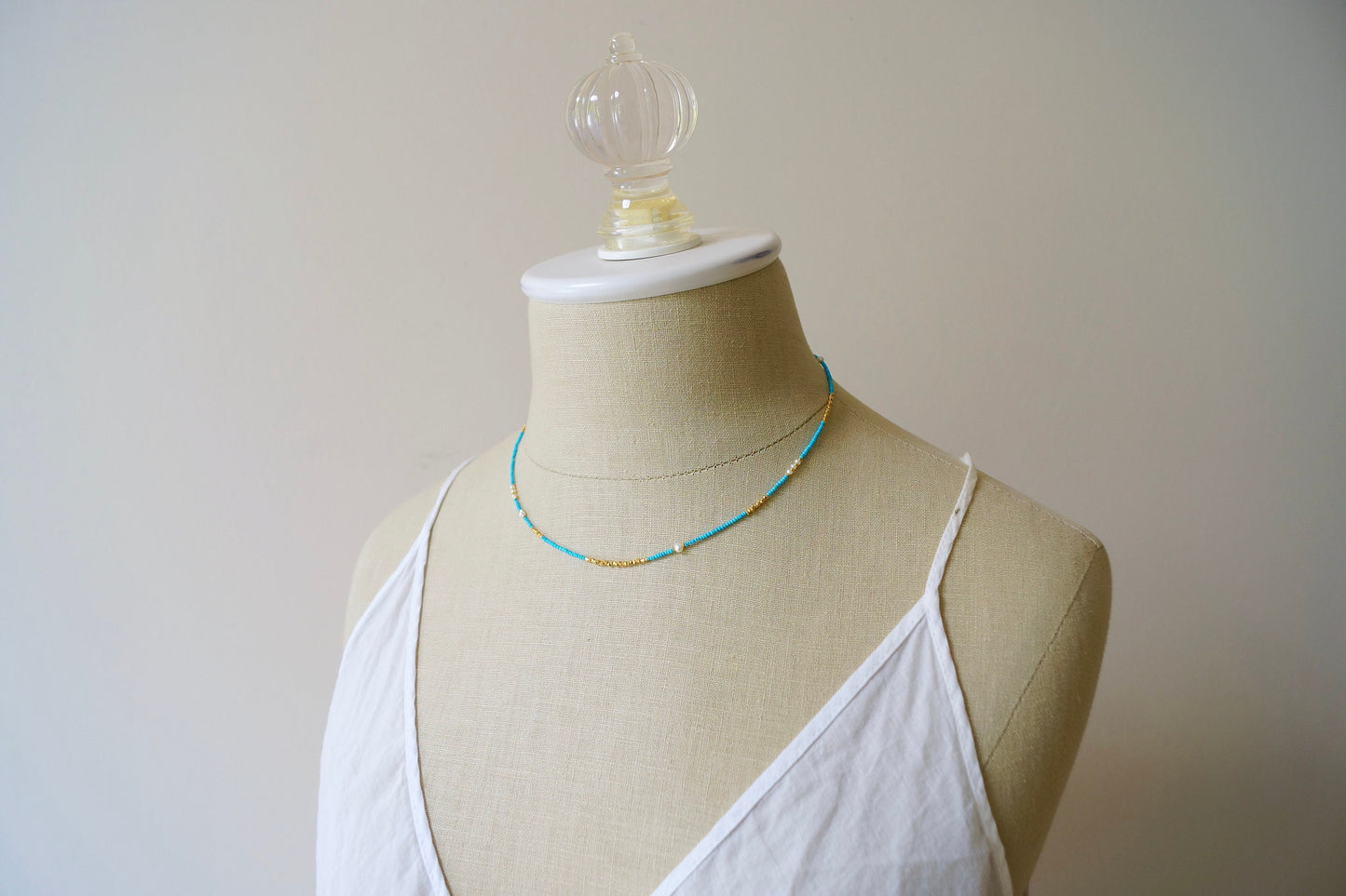 14K Solid Gold and Vermeil: Turquoise Beaded Necklace, Vermeil Gold Beads, 1.5mm Skinny Layering Necklace, Choker, Delicate Fine Jewelry