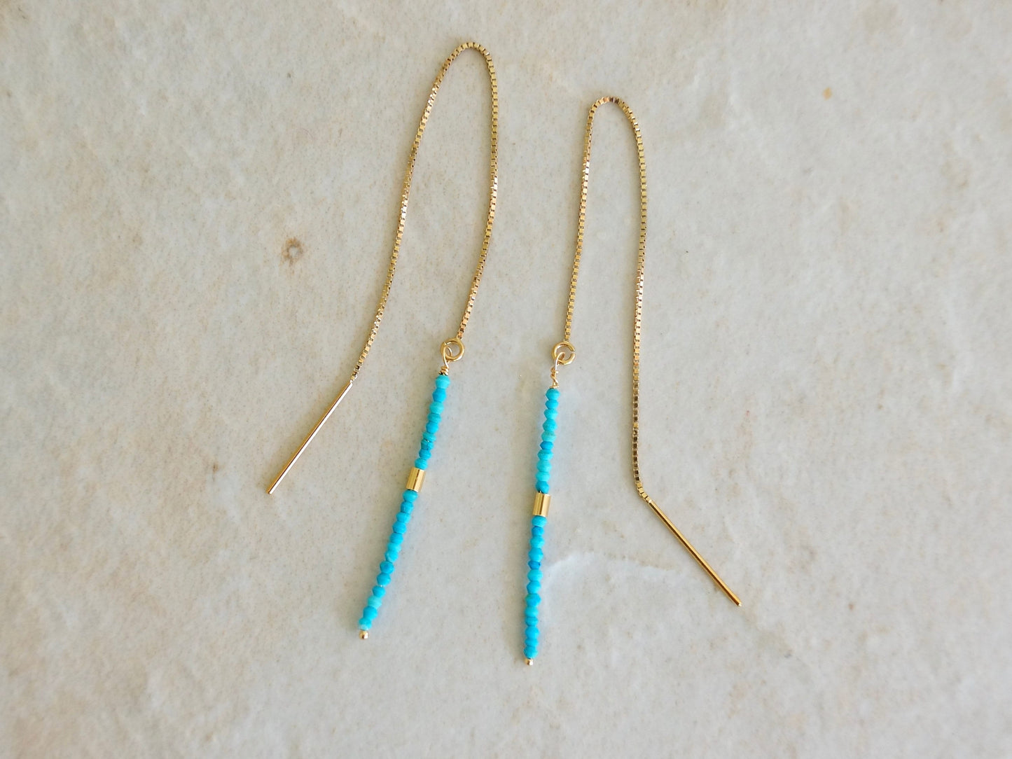 14K Solid Gold: Turquoise  Earrings, Threader earrings, Seed Beads, Fine Jewelry, Beaded Bar, Dainty, Minimalist , Gold Tube