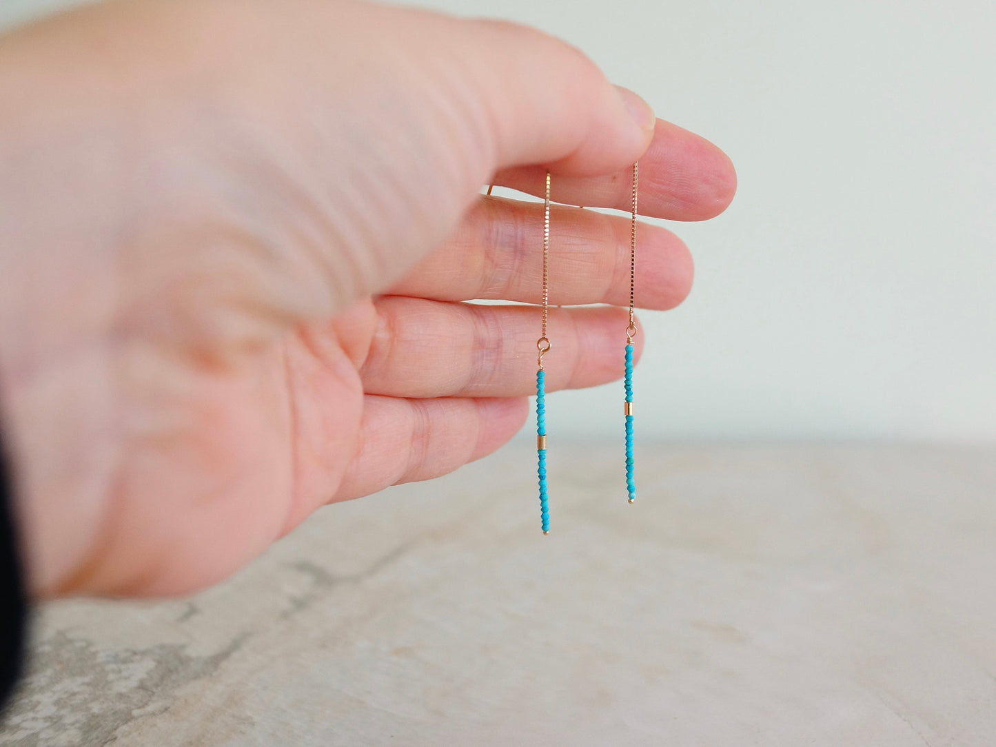 14K Solid Gold: Turquoise  Earrings, Threader earrings, Seed Beads, Fine Jewelry, Beaded Bar, Dainty, Minimalist , Gold Tube