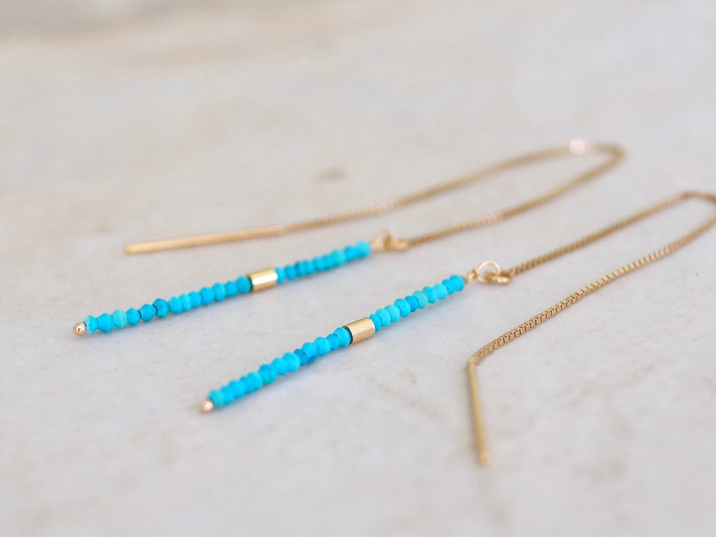 14K Solid Gold: Turquoise  Earrings, Threader earrings, Seed Beads, Fine Jewelry, Beaded Bar, Dainty, Minimalist , Gold Tube