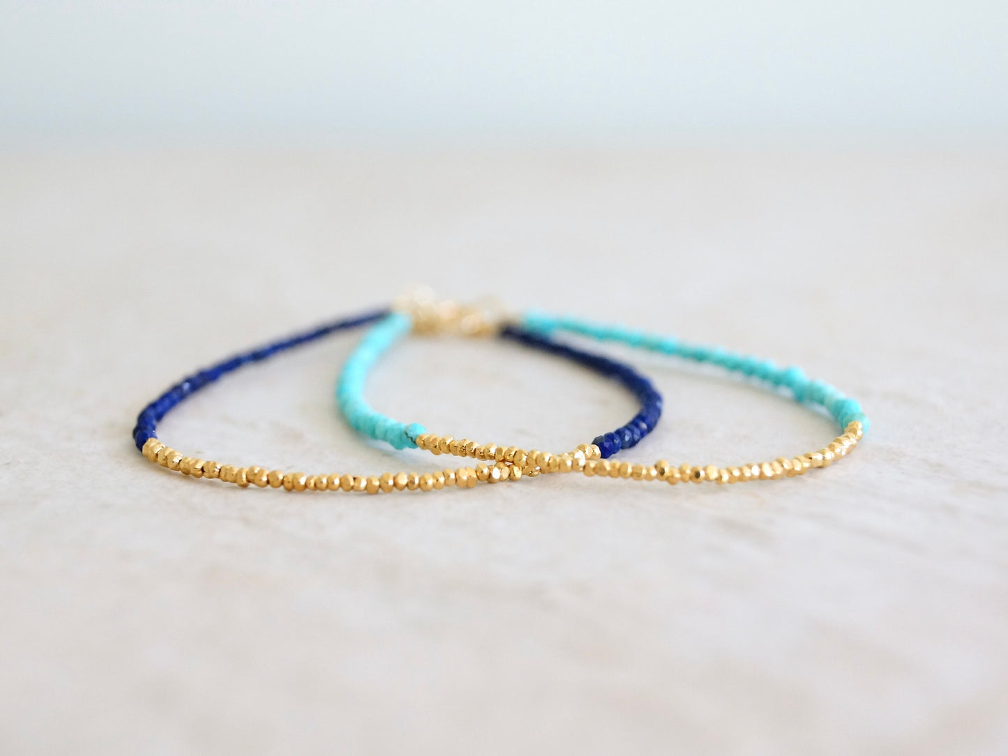 14K Solid Gold & Vermeil: Lapis Lazuli Beaded Bracelet | 2mm | Vermeil Gold Beads | Delicate | Skinny | Boho | Bohemian | Dark Blue