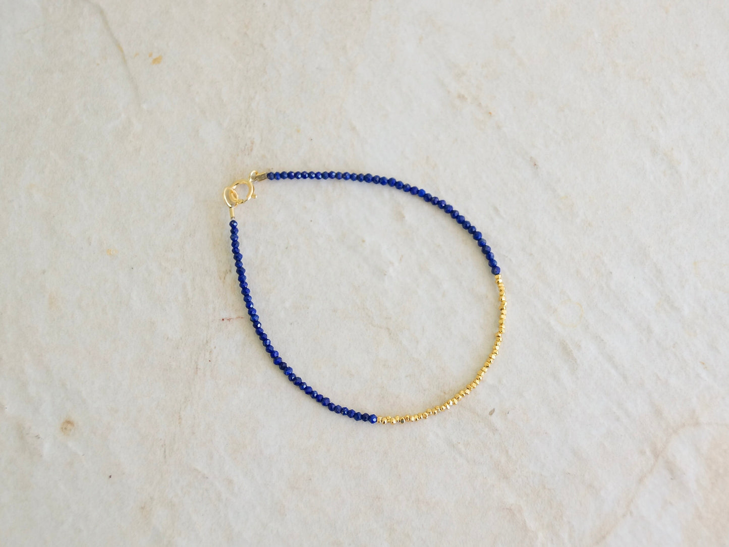 14K Solid Gold & Vermeil: Lapis Lazuli Beaded Bracelet | 2mm | Vermeil Gold Beads | Delicate | Skinny | Boho | Bohemian | Dark Blue