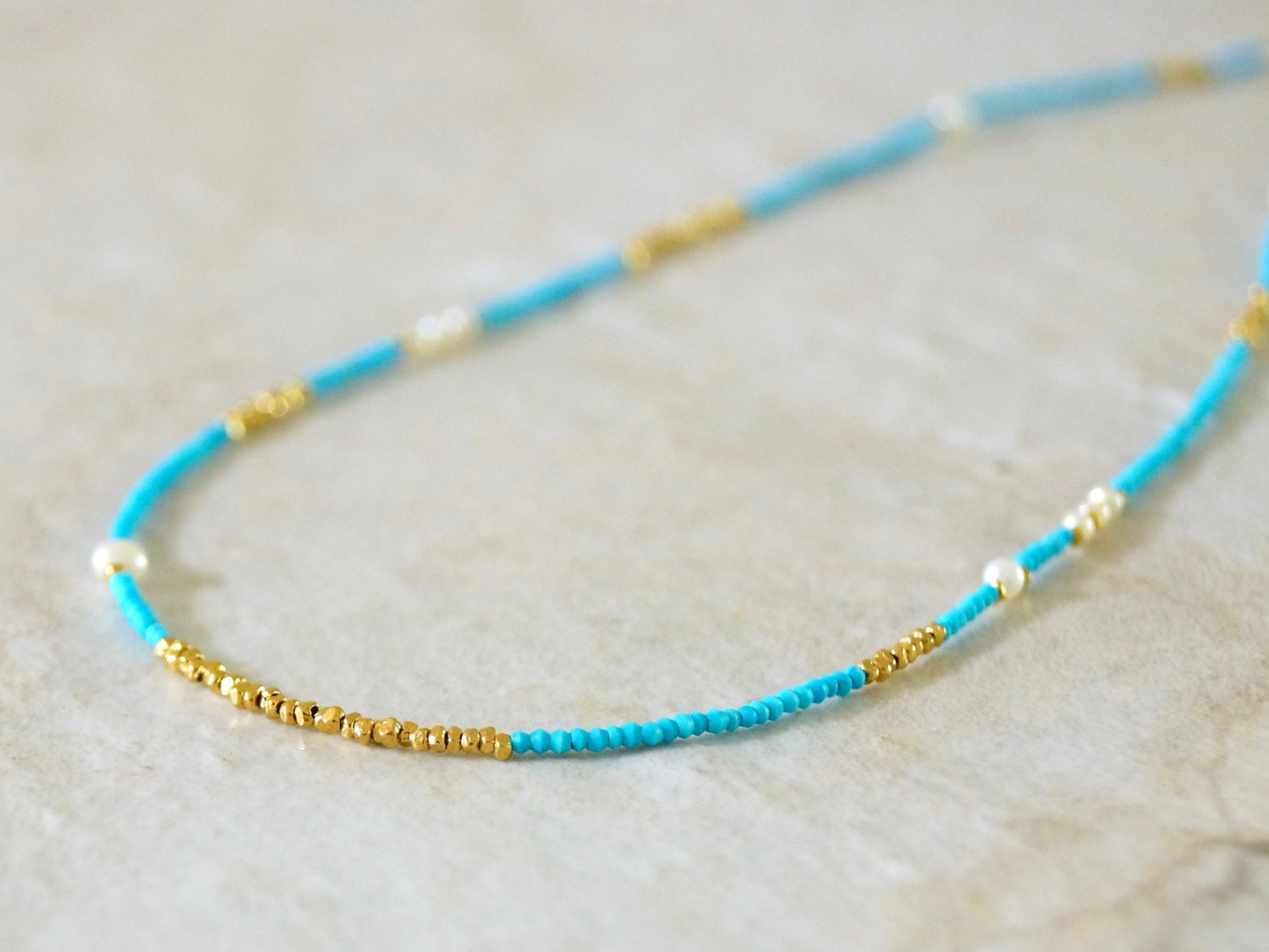 14K Solid Gold and Vermeil: Turquoise Beaded Necklace, Vermeil Gold Beads, 1.5mm Skinny Layering Necklace, Choker, Delicate Fine Jewelry