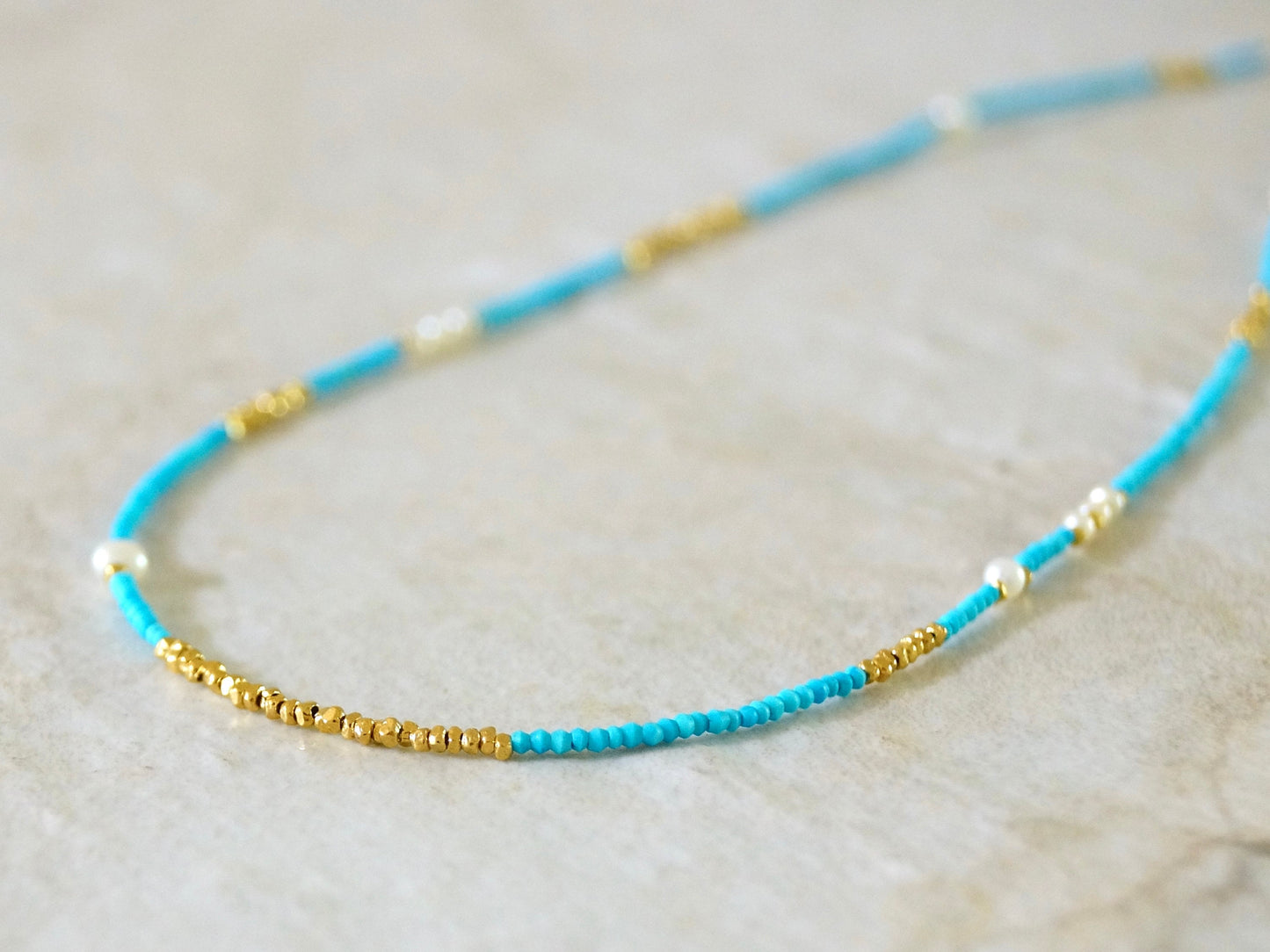 14K Solid Gold and Vermeil: Turquoise Beaded Necklace, Vermeil Gold Beads, 1.5mm Skinny Layering Necklace, Choker, Delicate Fine Jewelry