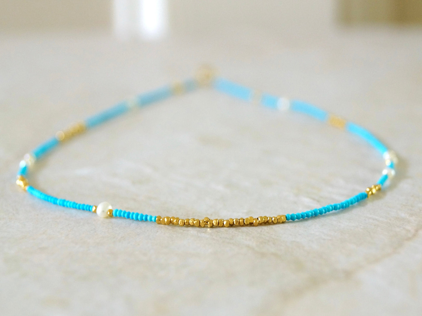 14K Solid Gold and Vermeil: Turquoise Beaded Necklace, Vermeil Gold Beads, 1.5mm Skinny Layering Necklace, Choker, Delicate Fine Jewelry