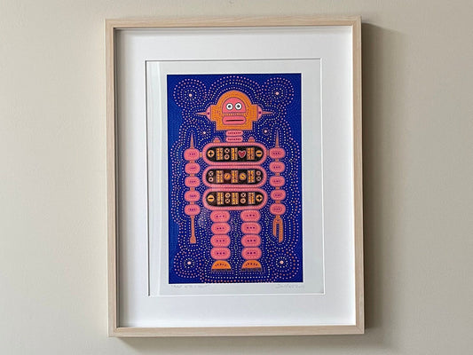 12"x16" |Robot With A Soul 4 |Original Art |Boys |Kids |Wall Art Print |Signed by Artist |Play Room |Dots |Free US Shipping |12x16|Blue Pink