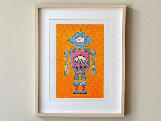 12"x16" |Robot With A Soul 1 |Original Art |Boys |Kids |Wall Art Print |Signed by Artist |Play Room |Dots |Free US Shipping |12x16