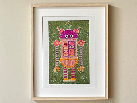 12"x16" |Robot With A Soul 3 |Original Art |Boys |Kids |Wall Art Print |Signed by Artist |Play Room |Dots |8x12 |12x16|Green|Pink