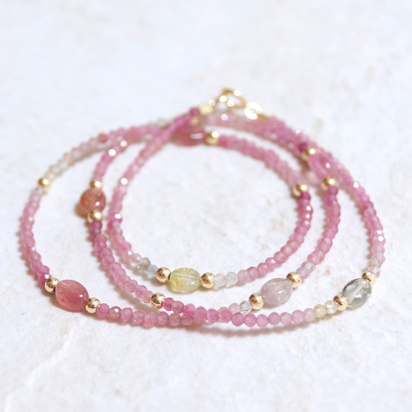 14K: Pink Tourmaline Bead Necklace| Ombre Tourmaline| Boho| Bohemian| Skinny Necklace| Dainty Jewelry| Solid Gold