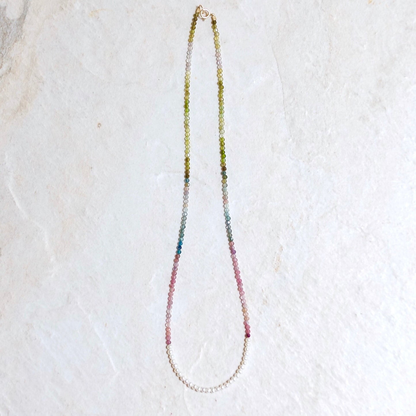 14K Solid Gold: Multi Color Tourmaline Beaded Necklace, Freshwater Pearl, October Birthstone, Skinny Gemstone Necklace, Layering Choker