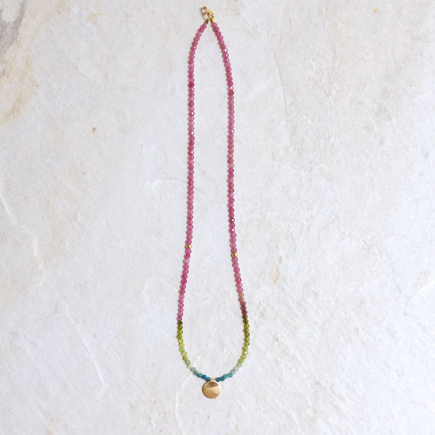 14K: Gold Disk & Tourmaline Necklace| Boho| Bohemian| Solid Gold| Fine Jewelry| Multi Color| Rainbow Tourmaline| Pink Blue Green| Choker