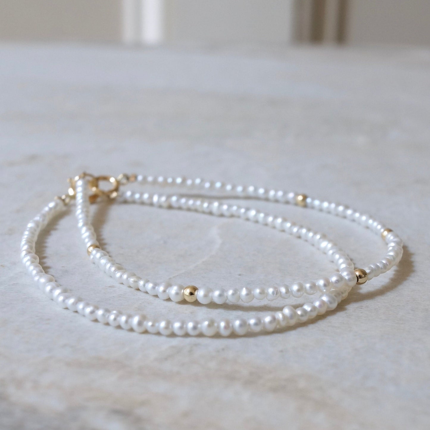 14K Solid Gold: Freshwater Pearl Beaded Bracelet with Gold Beads