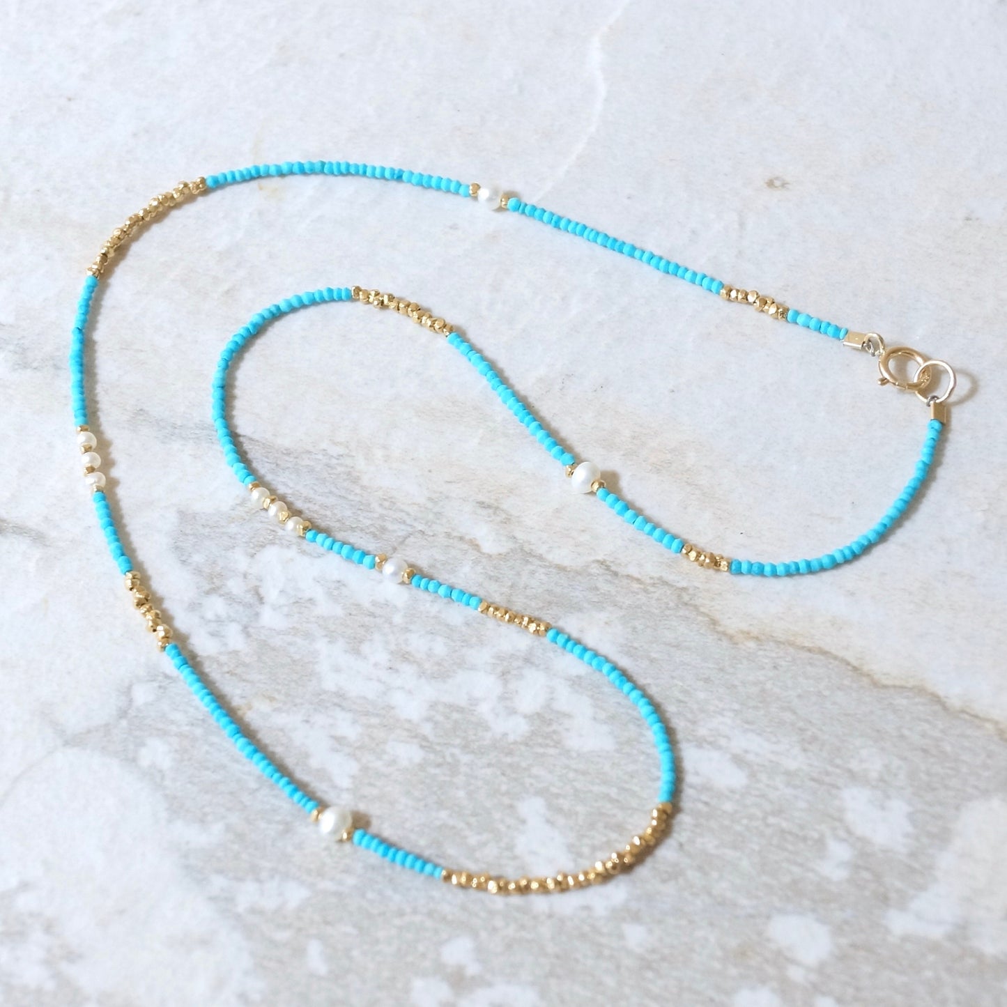 14K Solid Gold and Vermeil: Turquoise Beaded Necklace, Vermeil Gold Beads, 1.5mm Skinny Layering Necklace, Choker, Delicate Fine Jewelry