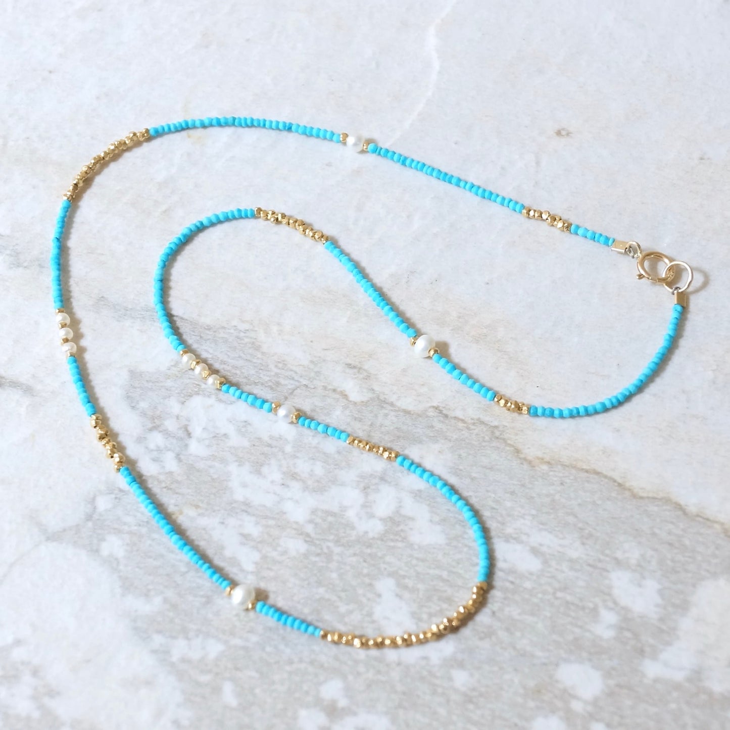 14K Solid Gold and Vermeil: Turquoise Beaded Necklace, Vermeil Gold Beads, 1.5mm Skinny Layering Necklace, Choker, Delicate Fine Jewelry