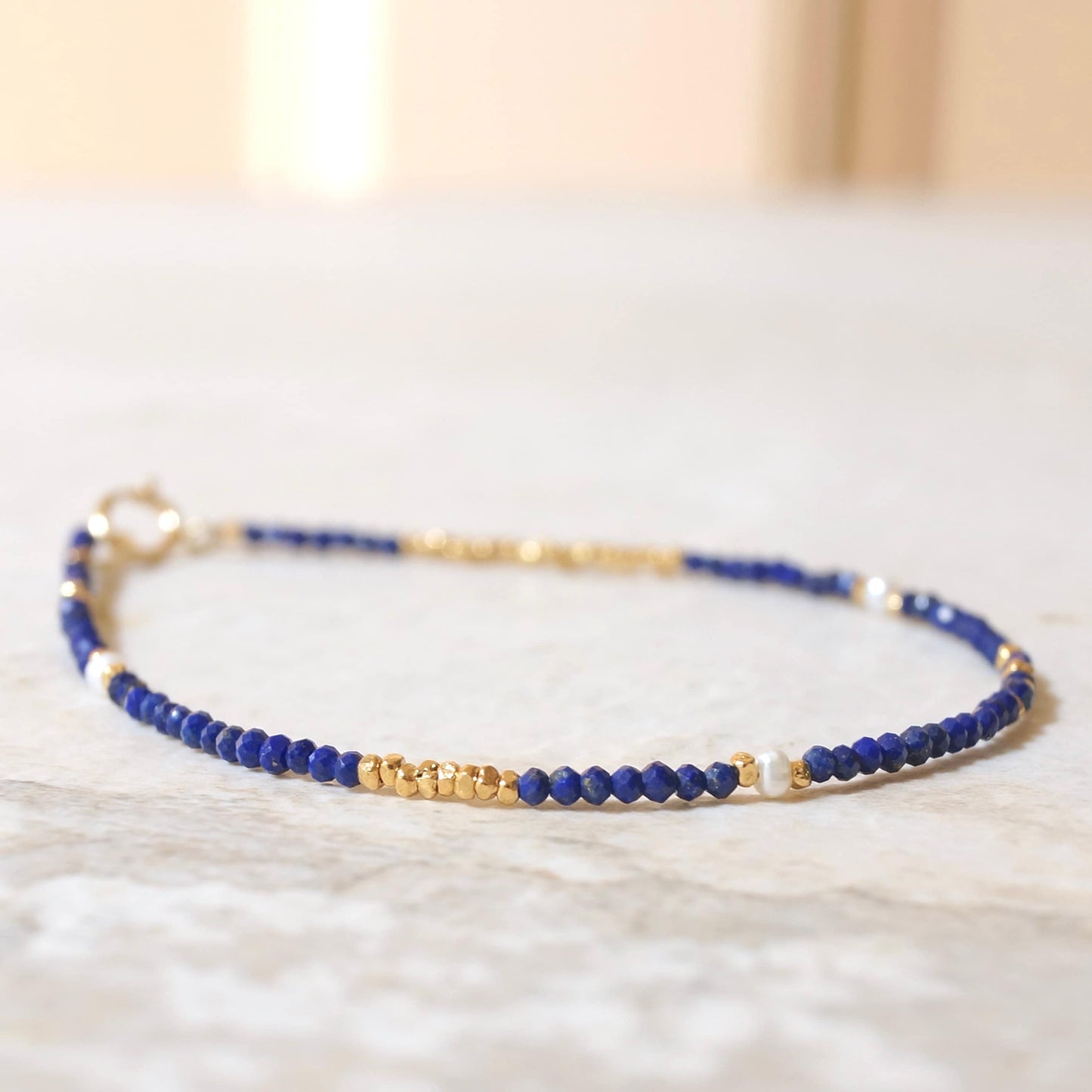 14K Solid Gold and Vermeil: Lapis Lazuli Beaded Bracelet | 2mm | Vermeil Gold Beads | Boho | Bohemian | Skinny | Chakra | Spiritual