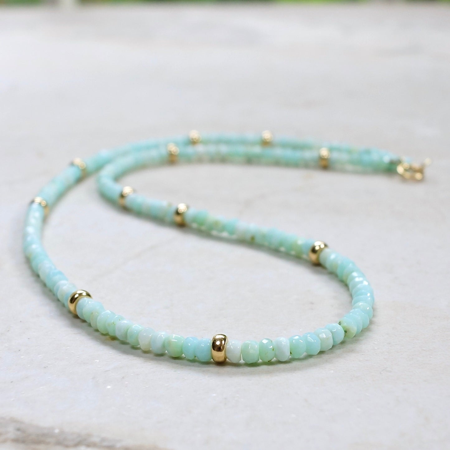 14K Solid Gold: Blue Opal Necklace | Beaded | Peruvian Opal | Layered Necklace | Fine Jewelry | Light Blue