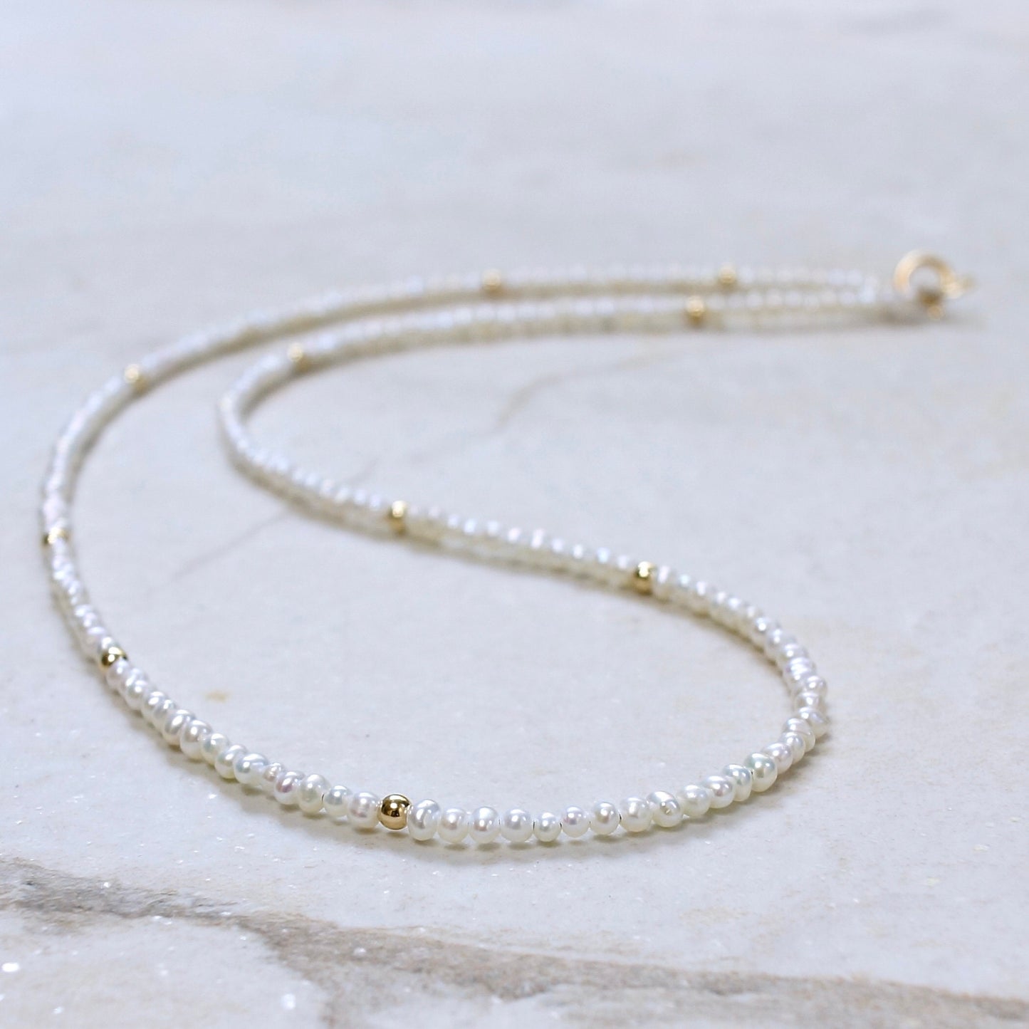 14K Solid Gold:Freshwater Pearl Beaded Necklace, Fine Jewelry, 2.5mm, Small Natural Pearl Necklace