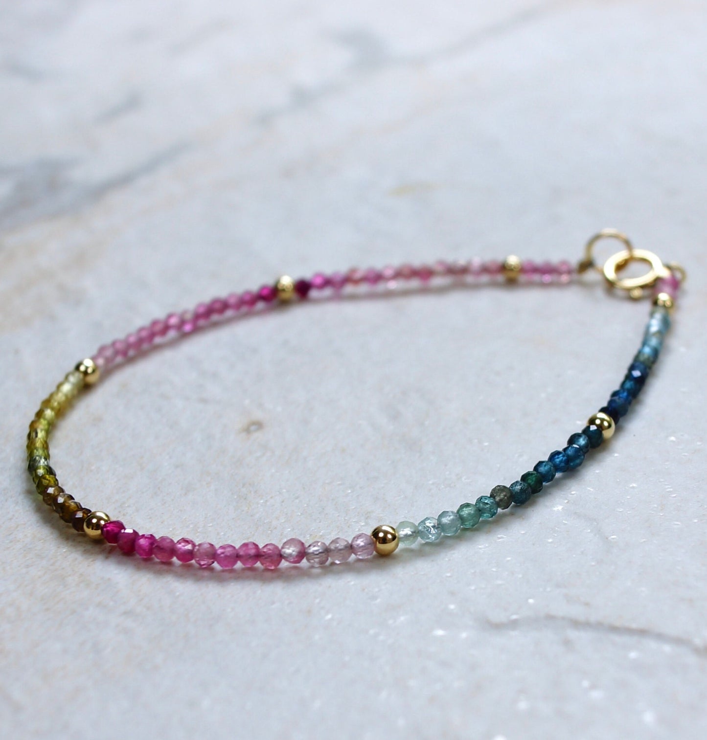 14K Solid Gold: Watermelon Tourmaline Beaded Bracelet | 2.5 mm | Pink Tourmaline | Layered Gemstone Bracelet | Fine Jewelry | Chakra